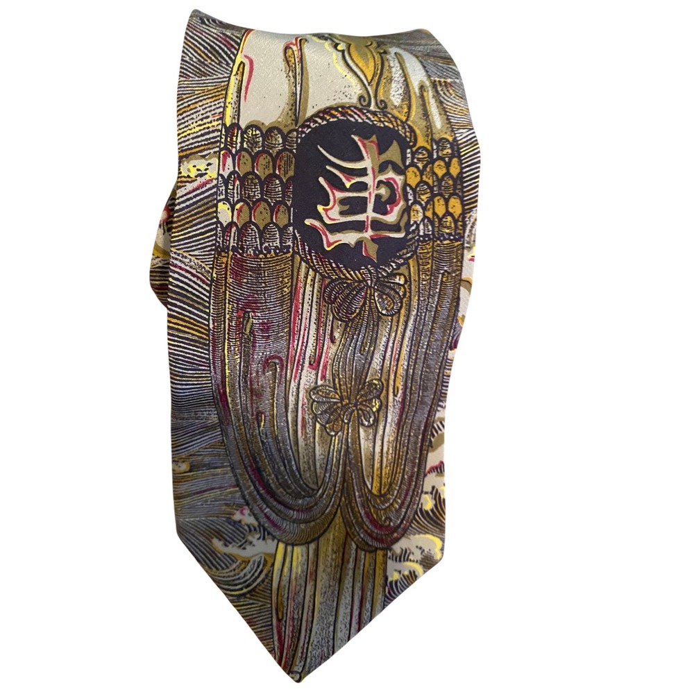 Johnston & Murphy Mens Silk Tie Japanese Wave Cloud Kanji Medallion Grey Gold‎